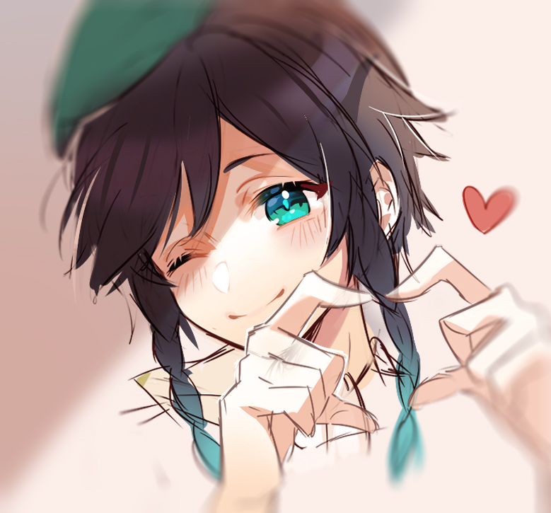1boy androgynous bangs beret black_hair blue_hair blurry blush braid closed_mouth english_commentary genshin_impact gradient_hair green_eyes green_headwear hat heart heart_hands kokyuu_(youxiangzhou) looking_at_viewer male_focus multicolored_hair one_eye_closed shirt short_hair_with_long_locks simple_background smile solo symbol_commentary twin_braids venti_(genshin_impact) white_background white_shirt
