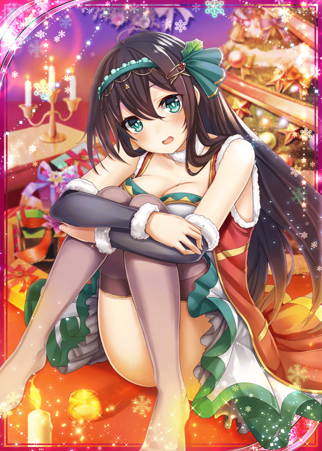 1girl arm_warmers blue_eyes box breasts brown_hair candle candlestand christmas christmas_tree collaboration dress gift gift_box hair_ornament hairband long_hair looking_at_viewer medium_breasts no_shoes official_art ray-akila shinkai_no_valkyrie shinki_kakusei_melty_maiden sitting snowflakes surprised table thigh-highs white_dress