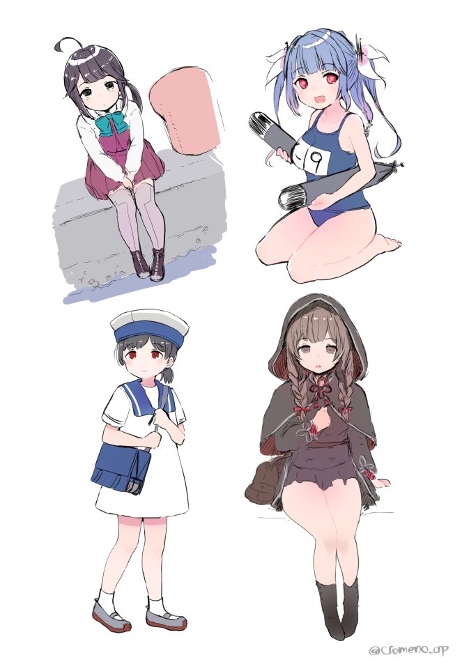 4girls ahoge bag bangs black_hair blue_hair blue_swimsuit boots braid breasts brown_eyes brown_hair brown_skirt capelet cross-laced_footwear dress gradient_hair grey_legwear hatg hayanami_(kancolle) hiburi_(kancolle) holding holding_torpedo hood hood_up hooded_capelet i-19_(kancolle) kantai_collection lace-up_boots long_hair long_sleeves multicolored_hair multiple_girls name_tag one-piece_swimsuit open_mouth pleated_skirt ponytail purple_dress purple_hair red_eyes sailor_collar sailor_dress school_swimsuit shinshuu_maru_(kancolle) shirt short_ponytail short_sleeves sidelocks simple_background sitting sketch skirt smile socks someno_haru standing swimsuit thigh-highs torpedo tri_tails twin_braids twitter_username white_background white_dress white_legwear white_shirt