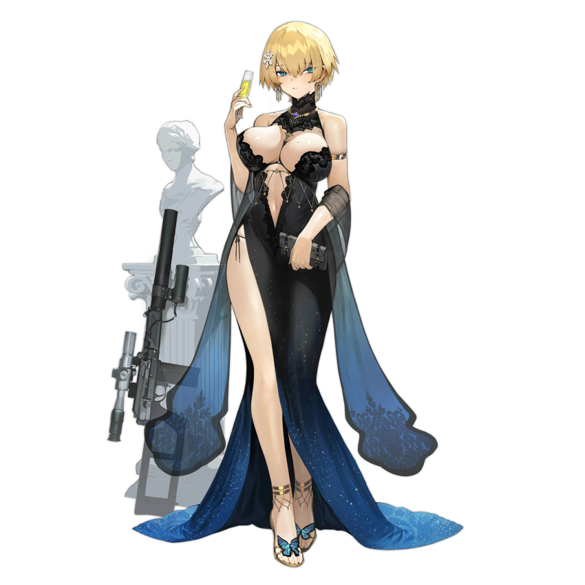 1girl bag bare_shoulders black_dress blonde_hair blue_dress blue_eyes blush breasts bug butterfly character_name closed_mouth commentary_request copyright_name cup dress dress_flower drinking_glass earrings eyebrows_visible_through_hair girls_frontline gun hair_ornament high_heels holding holding_bag holding_cup insect jewelry large_breasts looking_at_viewer medium_hair mole mole_under_eye nail_polish necklace official_art pink_nails rifle siqi_(miharuu) snowflake_hair_ornament solo standing vsk-94 vsk-94_(girls_frontline) weapon wine_glass yellow_footwear