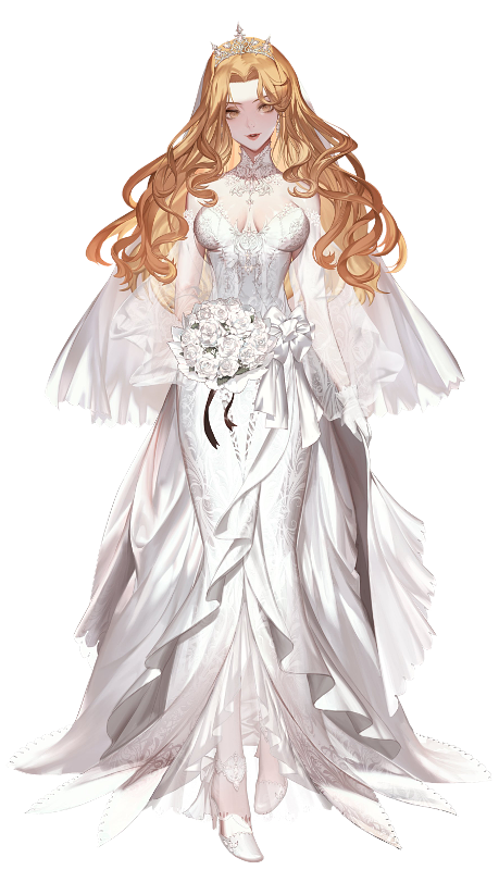 1girl artist_request black_survival bouquet breasts brown_eyes brown_hair collar diadem dress flower forehead full_body high_heels holding holding_bouquet jenny_sinclair lips long_dress long_hair looking_at_viewer medium_breasts official_alternate_costume official_art parted_lips shoes smile solo standing veil wavy_hair wedding_dress white_dress white_flower white_footwear