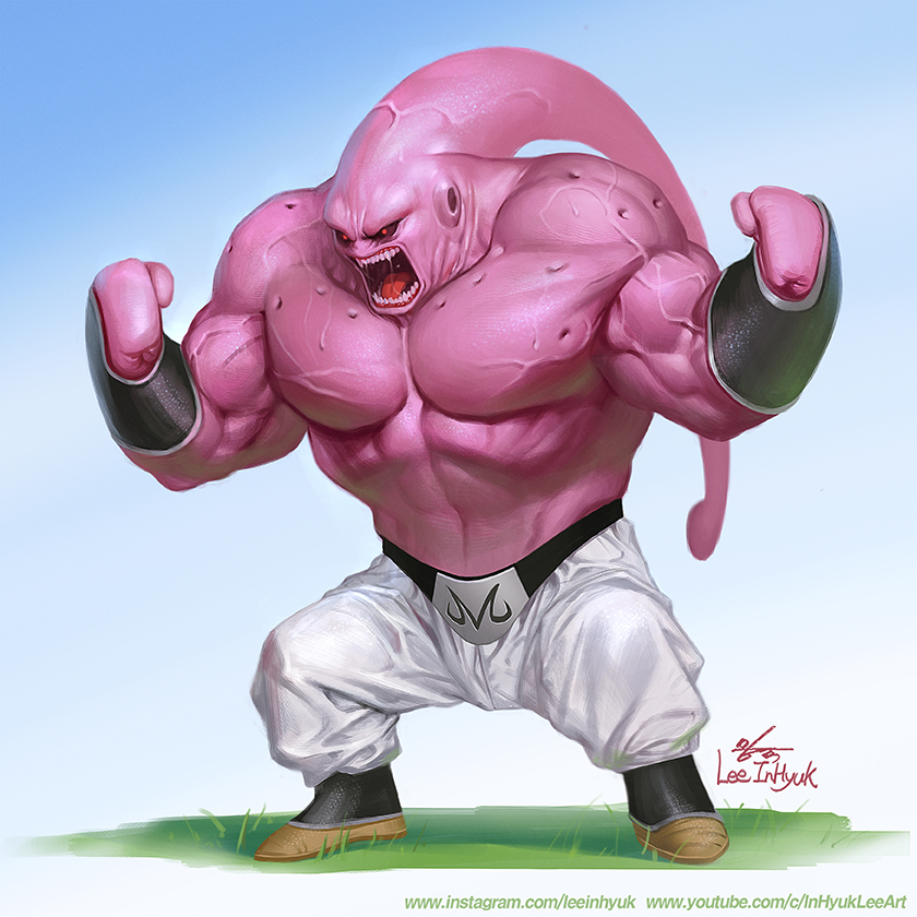 1boy antennae artist_name black_sclera clenched_hands colored_sclera colored_skin dragon_ball dragon_ball_z full_body in-hyuk_lee majin_buu male_focus muscular muscular_male open_mouth pants pink_skin red_eyes sharp_teeth signature solo super_buu teeth veins watermark web_address white_pants