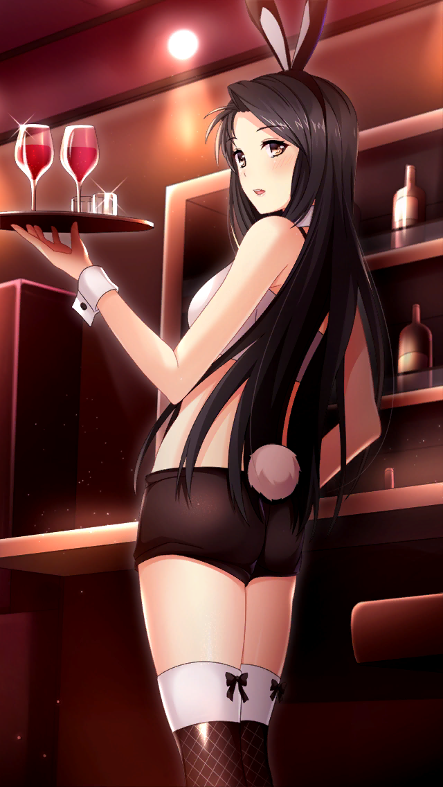 1girl animal_ears black_hair black_hairband black_shorts brown_eyes bunny_tail crop_top doukyuusei doukyuusei_another_world fake_animal_ears fake_tail from_behind game_cg glass hair_intakes hairband holding holding_plate indoors long_hair looking_at_viewer looking_back masaki_natsuko midriff official_art open_mouth plate playboy_bunny rabbit_ears shiny shiny_hair short_shorts shorts solo standing tail thigh-highs very_long_hair white_legwear