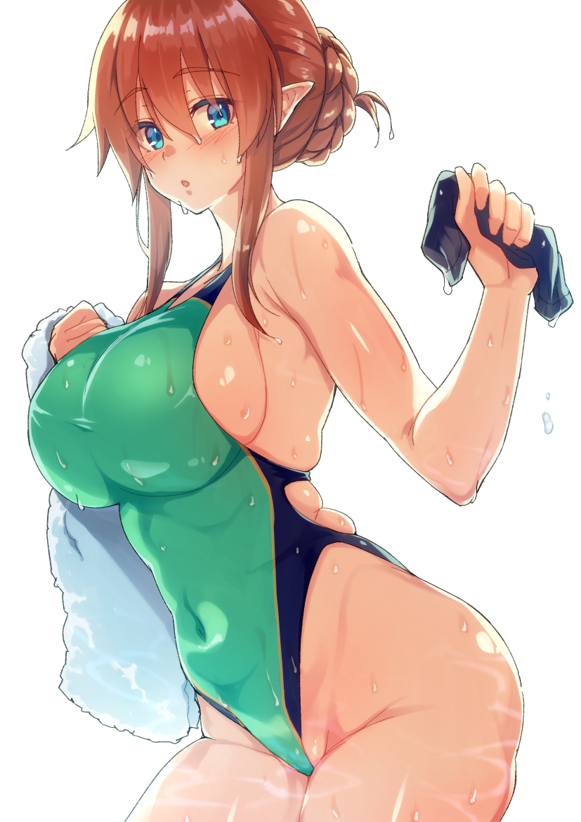 1girl blue_eyes breasts competition_swimsuit cowboy_shot elf green_swimsuit hair_bun highleg highleg_swimsuit holding large_breasts looking_at_viewer misato_(princess_connect!) one-piece_swimsuit pointy_ears princess_connect! satou_(kuso-neet) simple_background solo swim_cap_removed swimsuit tied_hair towel white_background white_towel