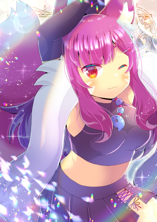 1girl animal_ear_fluff animal_ears arm_up bangs black_gloves black_shirt black_skirt blush closed_mouth commentary_request crop_top elbow_gloves eyebrows_visible_through_hair facial_mark fox_ears fox_girl fox_tail gloves hair_ornament hairclip indie_virtual_youtuber kinu_gitsune kouu_hiyoyo looking_at_viewer midriff one_eye_closed pleated_skirt purple_hair red_eyes shirt short_eyebrows skirt solo tail tail_raised thick_eyebrows virtual_youtuber wavy_mouth