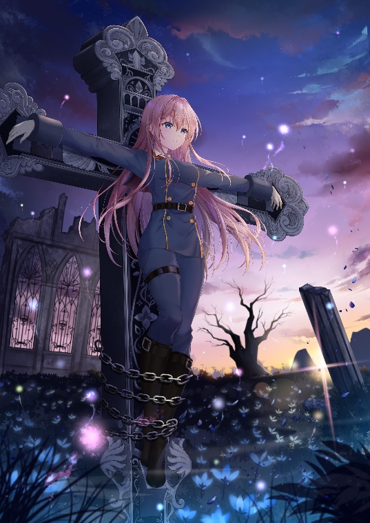 1girl black_footwear blue_jacket blue_pants boots chain cross crucifixion dawn gloves jacket knee_boots legs_together liusu_hongchen long_hair long_sleeves military military_uniform original outdoors outstretched_arms pants pink_hair ruins solo uniform white_gloves