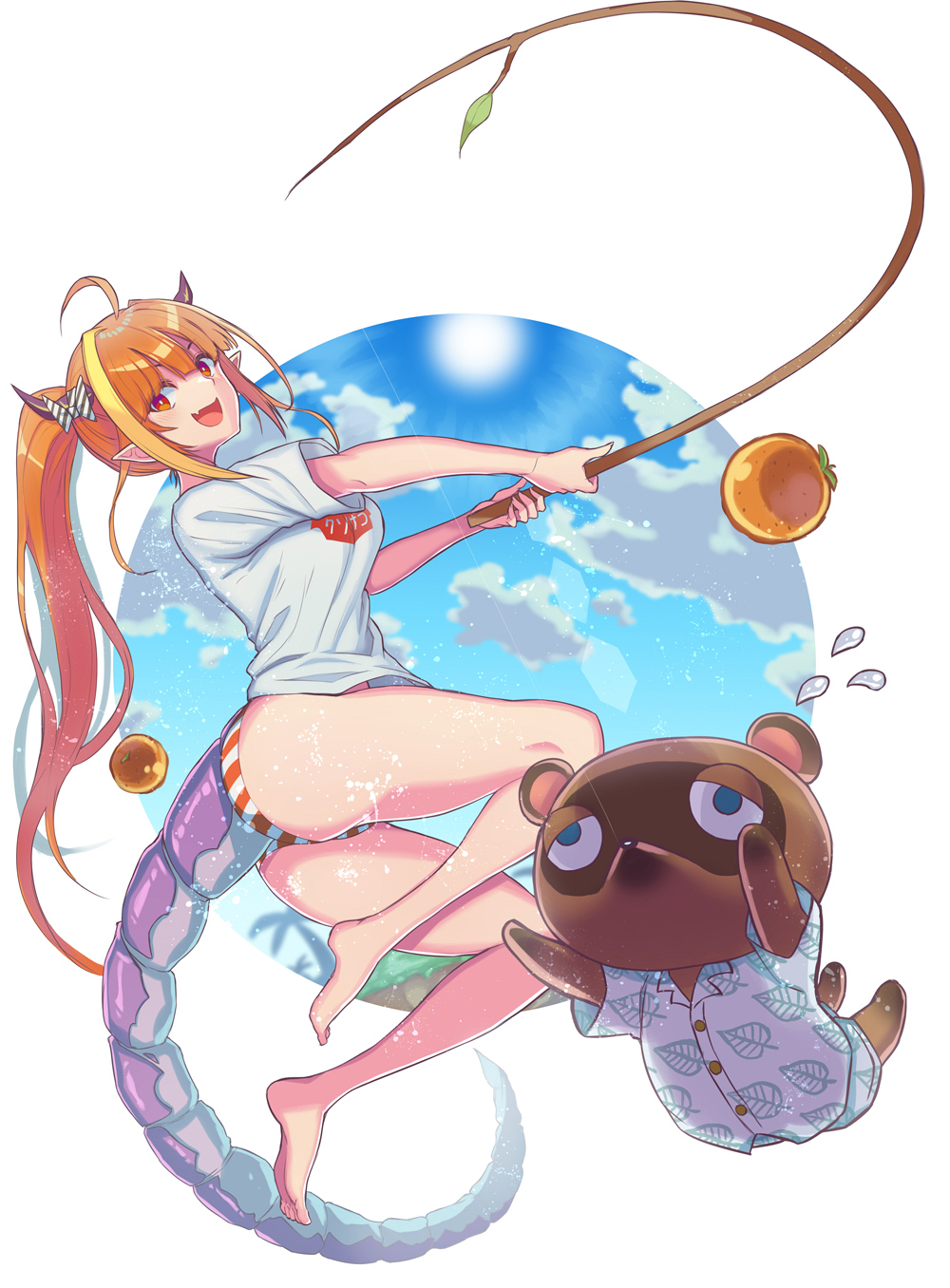 1boy 1girl ahoge alternate_costume alternate_hairstyle animal_crossing animal_ears aqua_shirt ass bangs bare_legs barefoot bikini bikini_bottom blonde_hair blue_eyes blunt_bangs bow breasts bright_pupils buttons day diagonal-striped_bow dragon_girl dragon_horns dragon_tail eyebrows_behind_hair fang feet fishing_line fishing_rod flying_sweatdrops food from_side fruit full_body half-closed_eyes highlights highres holding holding_fishing_rod hololive horizontal_stripes horn_bow horns kiryu_coco leaf_print long_hair looking_at_viewer medium_breasts multicolored_hair no_pants open_mouth orange_(food) orange_hair outdoors outside_border palm_tree pointy_ears ponytail print_shirt ralf red_eyes scales shirt short_sleeves sidelocks skin_fang streaked_hair striped striped_bow sun swimsuit t-shirt tail tied_hair tom_nook_(animal_crossing) tree virtual_youtuber water white_background white_pupils white_shirt