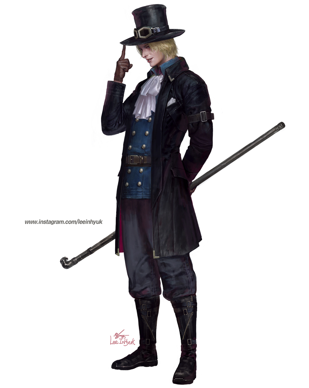 1boy adjusting_clothes adjusting_headwear arm_behind_back black_footwear blonde_hair boots brown_gloves collared_coat gloves goggles goggles_on_headwear hat highres in-hyuk_lee lead_pipe male_focus one_piece sabo_(one_piece) signature solo top_hat watermark web_address white_background