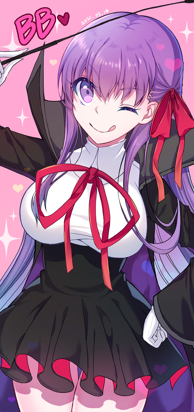 1girl bangs bb_(fate) bb_(fate)_(all) black_coat black_skirt blush breasts character_name coat fate/extra fate/extra_ccc fate_(series) gloves hair_ribbon high-waist_skirt highres large_breasts leotard licking_lips long_hair long_sleeves looking_at_viewer maydream neck_ribbon one_eye_closed open_clothes open_coat pink_background popped_collar purple_hair red_ribbon ribbon skirt smile sparkle thighs tongue tongue_out very_long_hair violet_eyes wand white_gloves white_leotard wide_sleeves