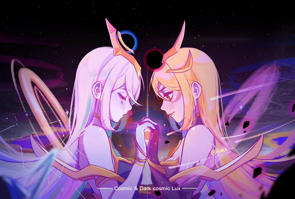 2girls artist_name blonde_hair blush closed_eyes collared_dress cosmic_lux dark_cosmic_lux dress english_text eyebrows_visible_through_hair gloves headpiece holding_hands league_of_legends long_hair looking_at_another looking_down luxanna_crownguard multiple_girls red_eyes ruan_chen_yue smile white_hair yuri