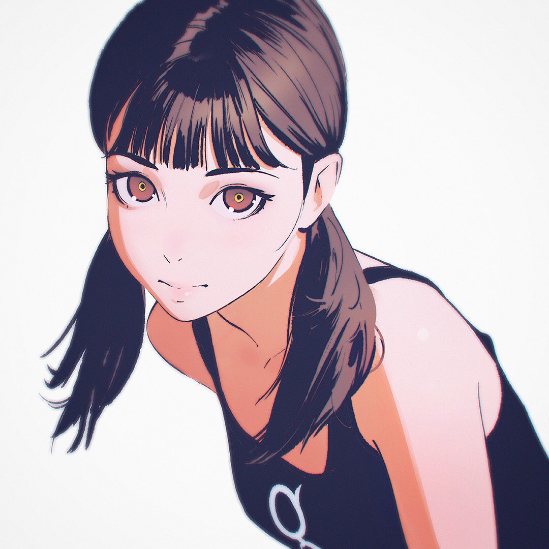 1girl brown_eyes brown_hair ilya_kuvshinov looking_at_viewer original simple_background solo twintails