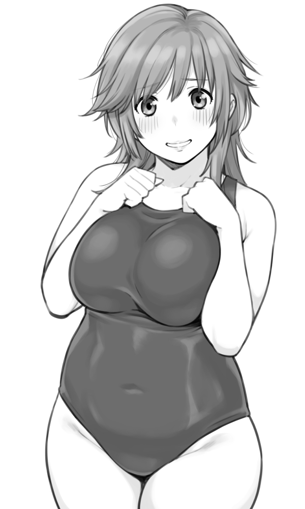 1girl amagami breasts covered_navel cowboy_shot greyscale hand_on_own_chest large_breasts looking_at_viewer monochrome one-piece_swimsuit parted_lips plump sakurai_rihoko short_hair shouji_nigou simple_background solo swimsuit wide_hips