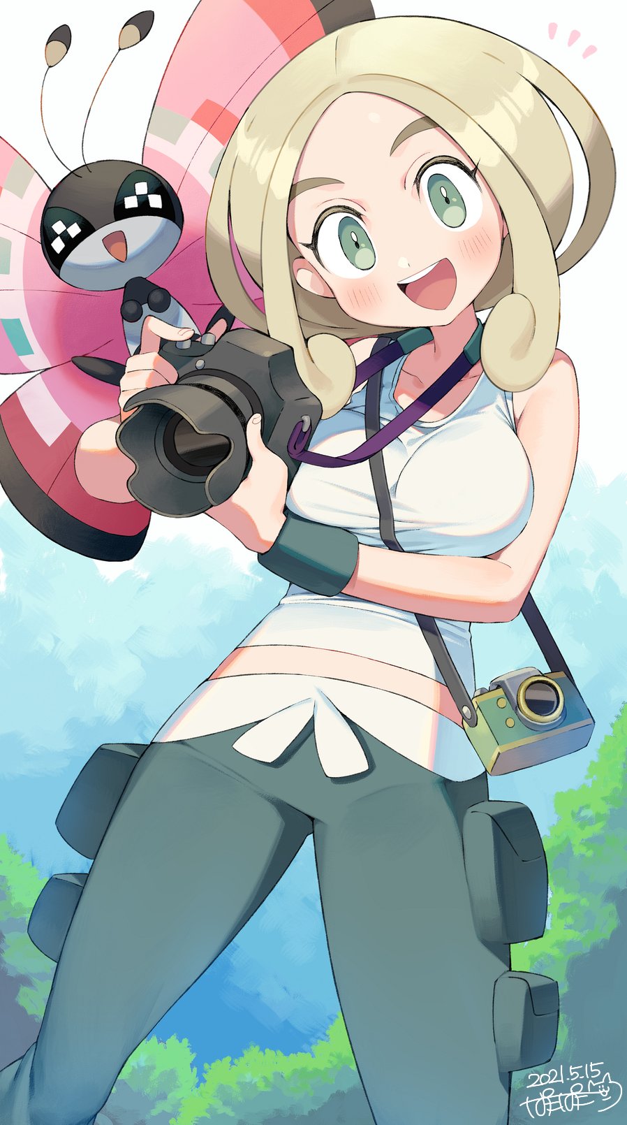 1girl :d bare_shoulders blonde_hair blush breasts camera capri_pants collarbone commentary crop_top dated day gen_6_pokemon gradient_sky green_eyes green_pants green_wristband gym_leader happy highres holding holding_camera iroyopon looking_at_viewer midriff_peek notice_lines open_mouth outdoors pants photographer pokemon pokemon_(creature) pokemon_(game) pokemon_xy shirt short_hair sidelocks signature sky sleeveless sleeveless_shirt smile standing upper_teeth viola_(pokemon) vivillon vivillon_(meadow) white_shirt wristband