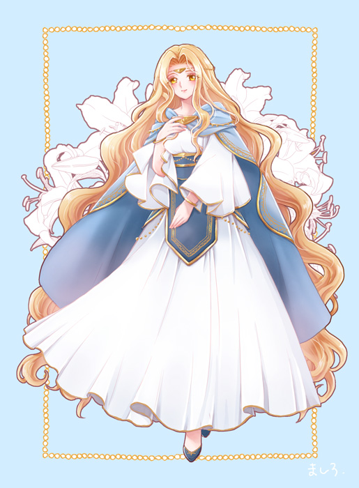 1girl blonde_hair bracelet cape circlet dreamsaga dress edain_(fire_emblem) fire_emblem fire_emblem:_genealogy_of_the_holy_war full_body hand_on_own_chest jewelry long_hair shoes simple_background smile very_long_hair wavy_hair white_dress yellow_eyes