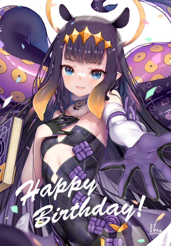 1girl ao-chan_(ninomae_ina'nis) artist_name bangs black_gloves black_hair blue_eyes blunt_bangs book english_text eyebrows_visible_through_hair fang floating floating_book floating_object gloves halo happy_birthday hololive hololive_english hong_(white_spider) looking_at_viewer ninomae_ina'nis open_mouth purple_gloves smile solo tentacles two-tone_gloves virtual_youtuber