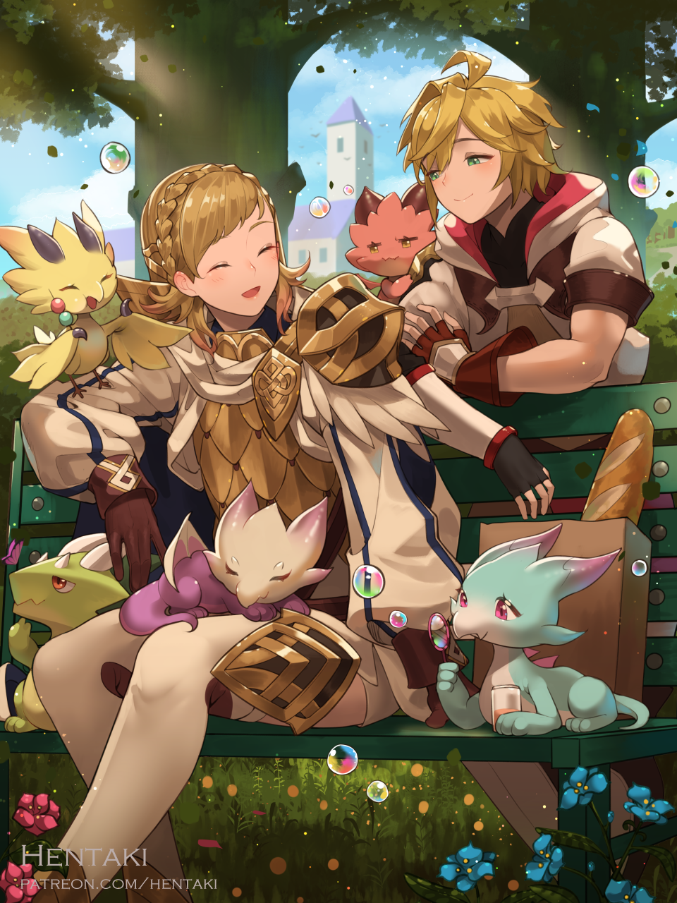 1boy 1girl :d ^_^ artist_name bag baguette bangs black_gloves blonde_hair blue_flower braid bread brown_footwear bubble bubble_blowing building closed_eyes closed_mouth commentary crown_braid day dragalia_lost english_commentary euden feet_out_of_frame fingerless_gloves fire_emblem fire_emblem_heroes flower food gloves green_eyes grocery_bag hentaki highres hood hood_down hooded_jacket jacket on_bench open_mouth outdoors paper_bag pink_flower puffy_short_sleeves puffy_sleeves sharena shoes shopping_bag short_sleeves single_hair_intake sitting sitting_on_bench smile thigh-highs tree watermark web_address white_jacket white_legwear wyrm