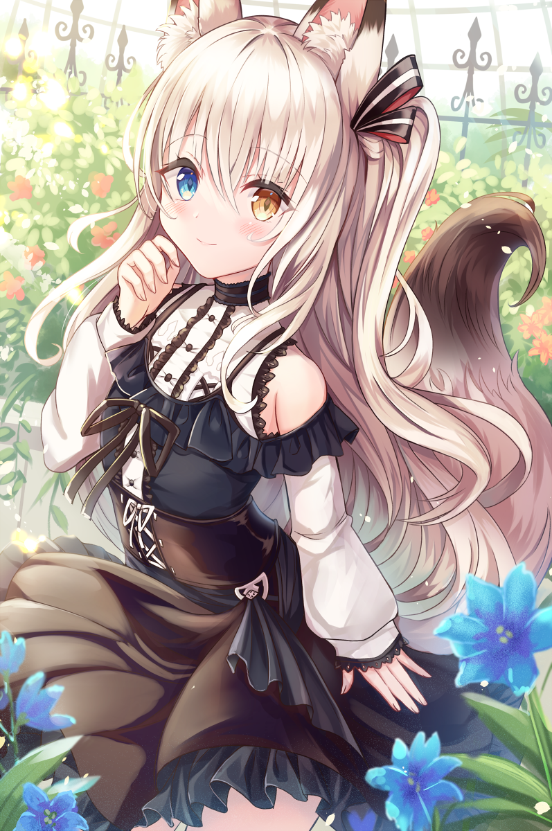 1girl animal_ear_fluff animal_ears bangs bare_shoulders blue_eyes blush center_frills commentary corset flat_chest flower fox_ears fox_girl fox_tail frills hair_between_eyes hair_ribbon heterochromia highres long_hair long_sleeves looking_at_viewer one_side_up original platinum_blonde_hair puffy_long_sleeves puffy_sleeves ribbon sakura_ani smile solo tail very_long_hair yellow_eyes