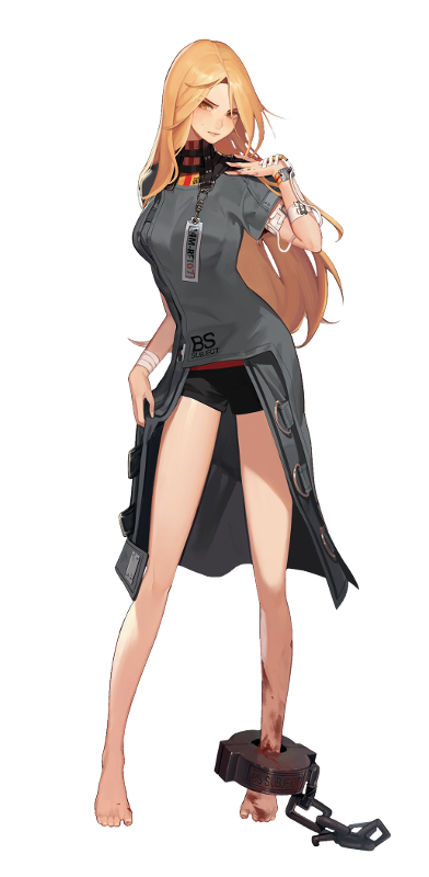 1girl bandaged_arm bandages bangs barefoot black_shorts black_survival blonde_hair blood_on_leg breasts brown_eyes collar cuffs full_body grey_robe jenny_sinclair lips long_hair looking_at_viewer official_alternate_costume official_art parted_lips short_shorts short_sleeves shorts solo standing transparent_background