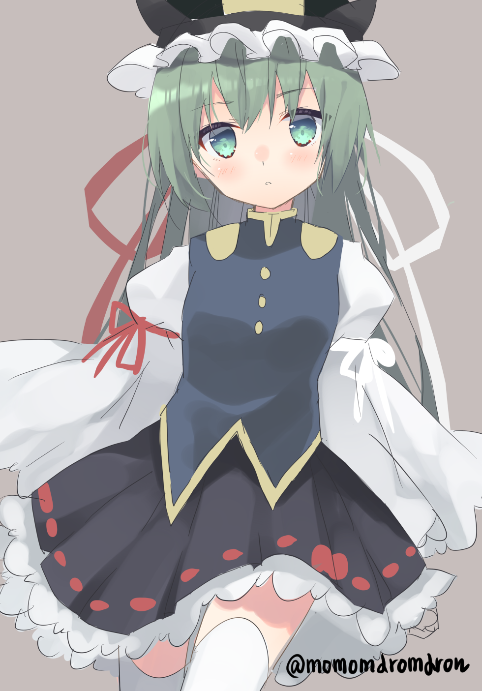 1girl artist_name black_skirt blue_vest blush breasts buttons cowboy_shot expressionless frills gold_trim green_eyes green_hair grey_background hat highres long_hair looking_at_viewer momomaron parted_lips shiki_eiki skirt small_breasts solo thigh-highs touhou very_long_hair vest white_legwear