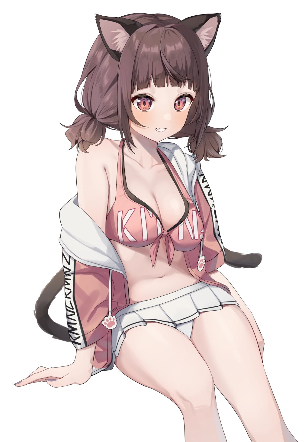 1girl animal_ears bikini breasts brown_hair cardigan cat_ears cat_tail commentary feet_out_of_frame highres kmnz large_breasts looking_at_viewer mc_liz miniskirt navel off_shoulder open_cardigan open_clothes panties pantyshot pink_bikini pink_sweater pleated_skirt red_eyes short_hair short_twintails simple_background sitting skirt smile solo sweater swimsuit syhan symbol_commentary tail teeth twintails underwear virtual_youtuber white_background white_panties white_skirt