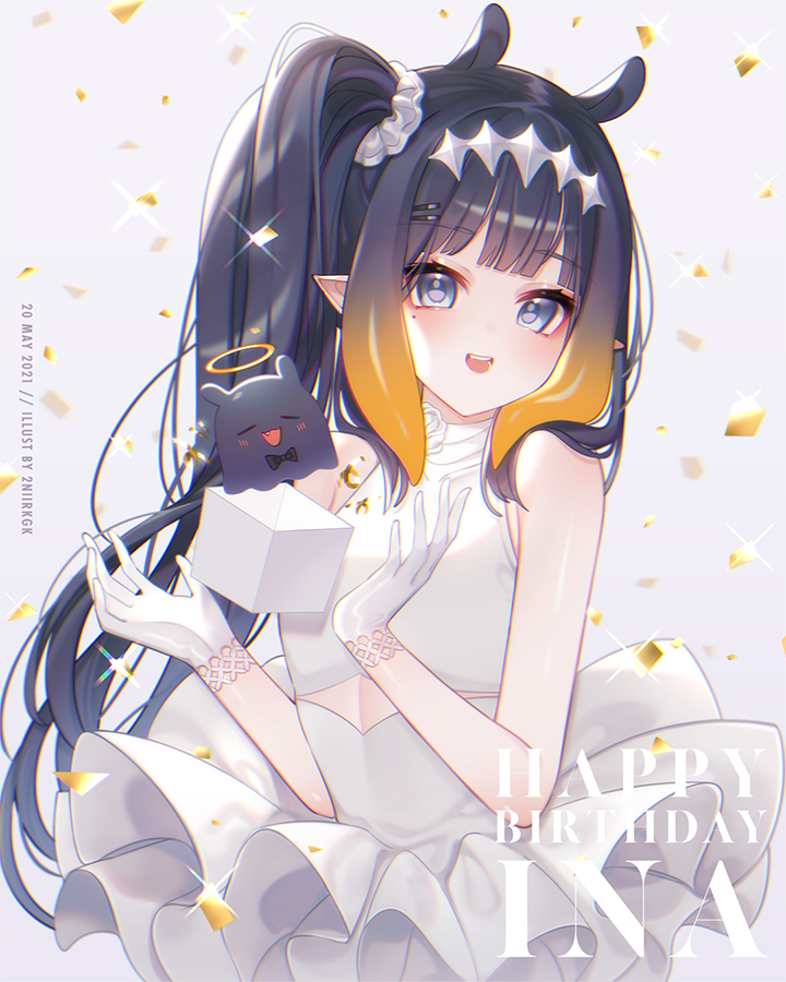 1girl alternate_costume bangs black_hair blush dated dress english_commentary eyebrows_visible_through_hair gloves hair_behind_ear halo happy_birthday hololive hololive_english mole mole_under_eye nii_a_sleepy_knee ninomae_ina'nis open_hands open_mouth pointy_ears side_ponytail smile solo tako_(ninomae_ina'nis) tentacle_hair virtual_youtuber white_dress white_gloves