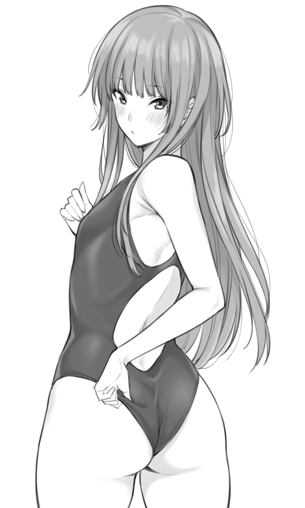1girl amagami bangs blunt_bangs breasts competition_swimsuit cowboy_shot from_behind greyscale kamizaki_risa long_hair looking_at_viewer looking_back monochrome one-piece_swimsuit shouji_nigou simple_background small_breasts solo swimsuit