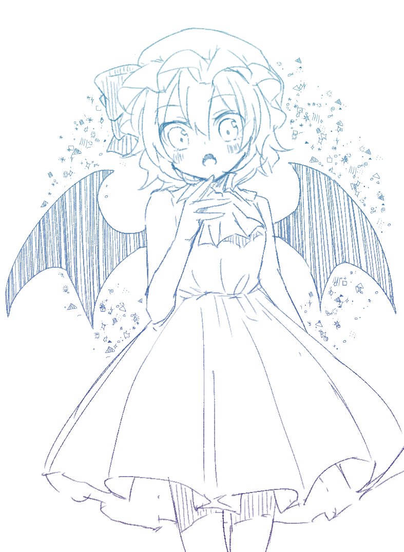 1girl aoi_(annbi) bat_wings blush commentary_request cravat dress fangs hand_up hat hat_ribbon lineart looking_at_viewer mob_cap monochrome open_mouth remilia_scarlet ribbon short_hair solo touhou white_background wings