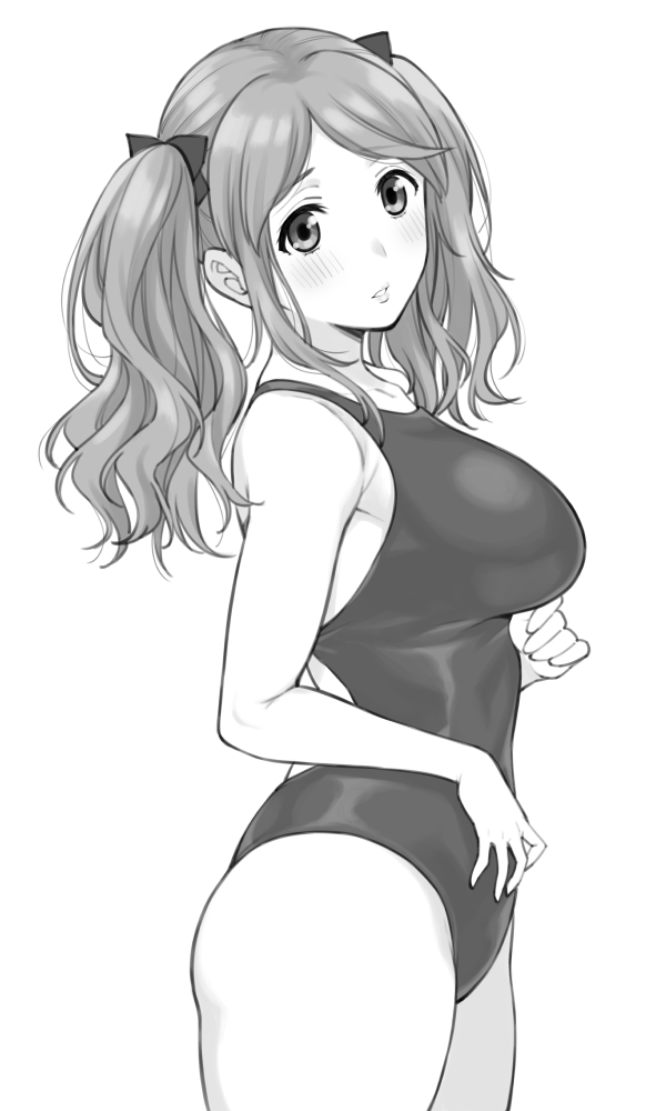 1girl amagami breasts competition_swimsuit cowboy_shot greyscale hair_ribbon long_hair looking_at_viewer medium_breasts monochrome nakata_sae one-piece_swimsuit ribbon shouji_nigou simple_background solo standing swimsuit twintails