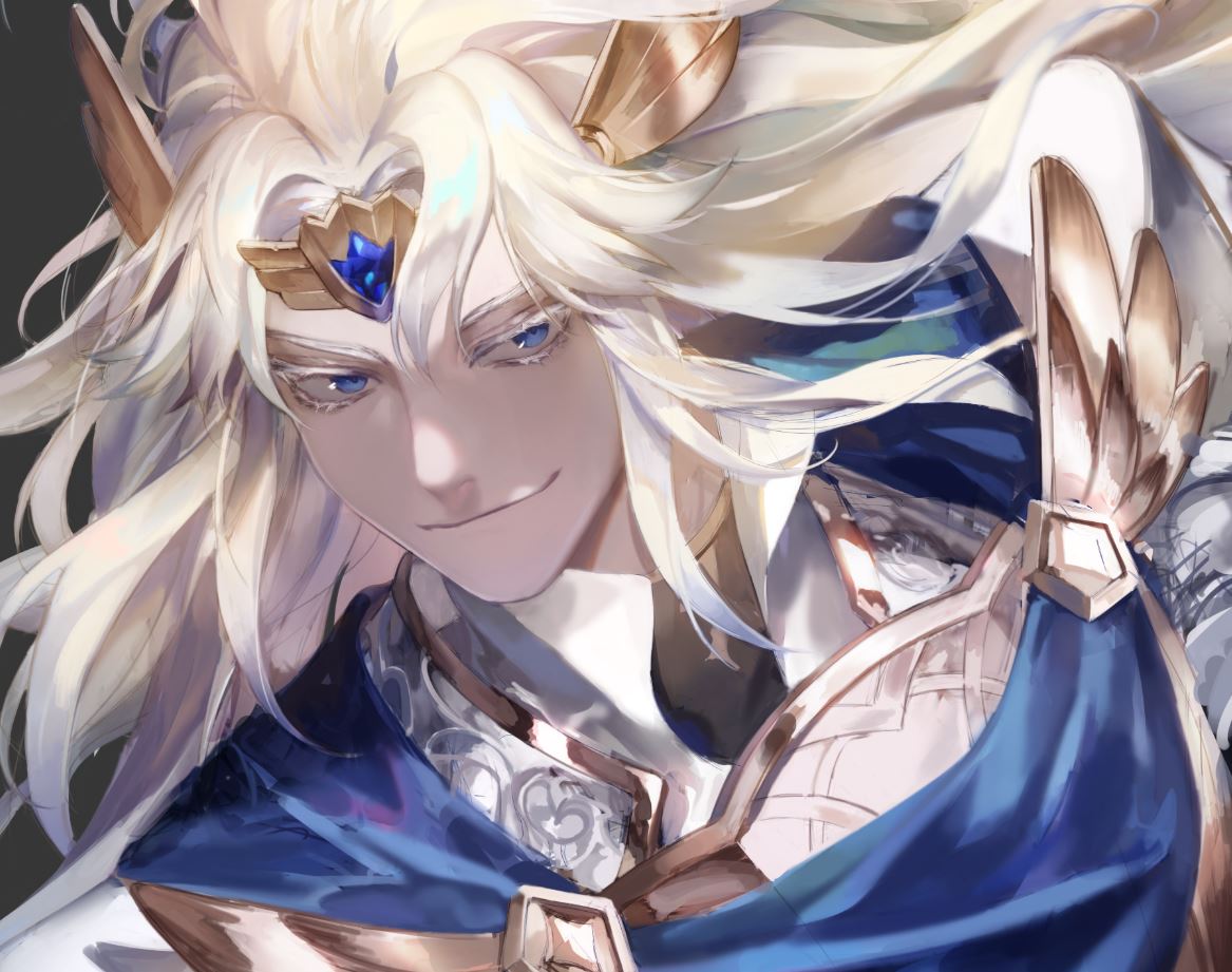 1boy armor blue_eyes breastplate check_copyright circlet closed_mouth copyright_request fek_doc gem knight long_hair male_focus original sketch smile solo upper_body white_hair