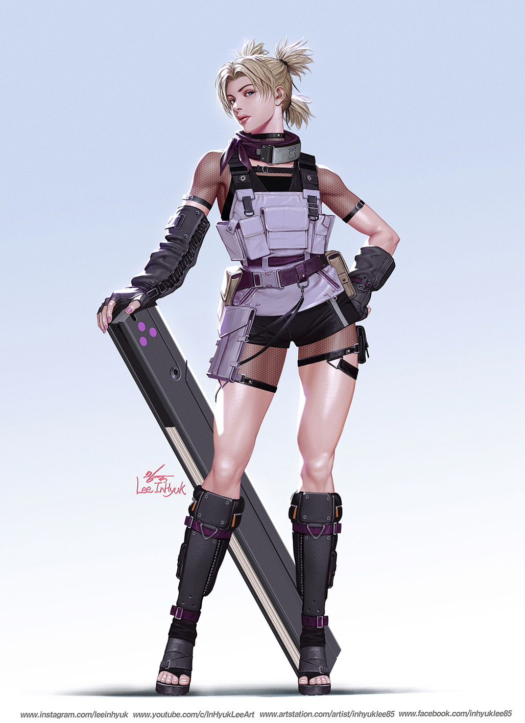 1girl blonde_hair contrapposto fingerless_gloves fishnets forehead_protector full_body gloves gradient gradient_background hand_on_hip highres in-hyuk_lee nail_polish naruto_(series) naruto_shippuuden pink_nails pouch quad_tails sandals shin_guards short_shorts shorts signature solo sunagakure_symbol temari watermark web_address