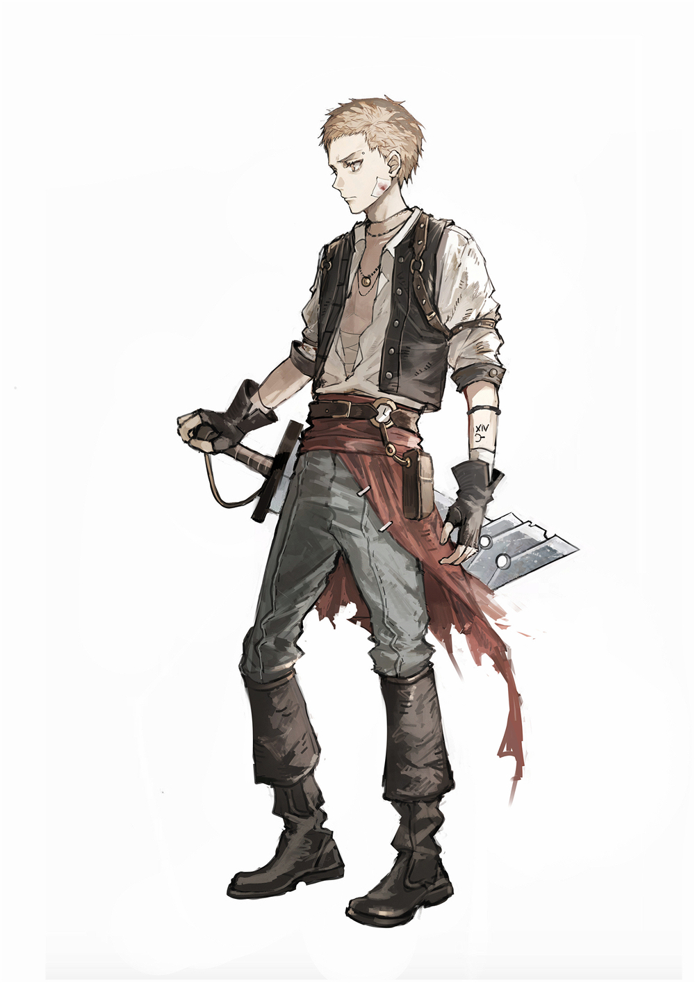 1boy arm_tattoo bandages bandaid bandaid_on_face belt belt_pouch black_gloves blood boots brown_footwear brown_hair closed_mouth curse:_two_worlds_one_destiny fantasy fingerless_gloves gloves hand_on_hilt hand_on_weapon highres jewelry light_brown_hair lococo:p male_focus necklace orange_eyes piercing pocket_watch pouch simple_background sleeves_rolled_up solo sword tattoo torn torn_clothes watch weapon white_background