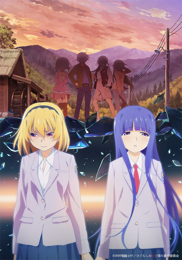 1boy blonde_hair blue_hair furude_rika headband higurashi_no_naku_koro_ni hime_cut holding_hands houjou_satoko jacket key_visual looking_away maebara_keiichi multiple_girls necktie necktie_removed official_art older open_clothes open_shirt promotional_art ryuuguu_rena sonozaki_mion sonozaki_shion