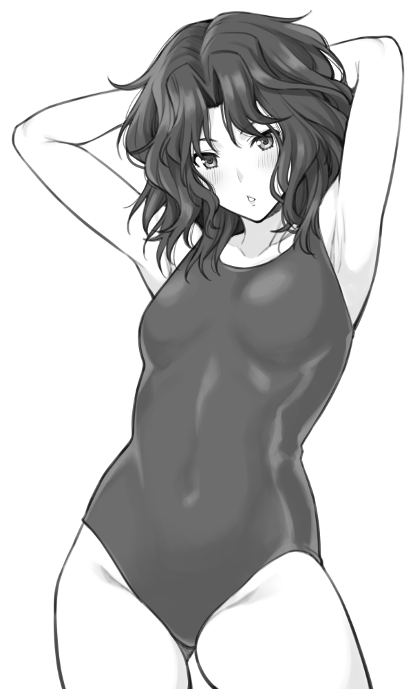 1girl amagami arms_behind_head breasts cowboy_shot greyscale groin looking_at_viewer medium_hair messy_hair monochrome one-piece_swimsuit parted_lips shouji_nigou simple_background small_breasts solo standing swimsuit tanamachi_kaoru