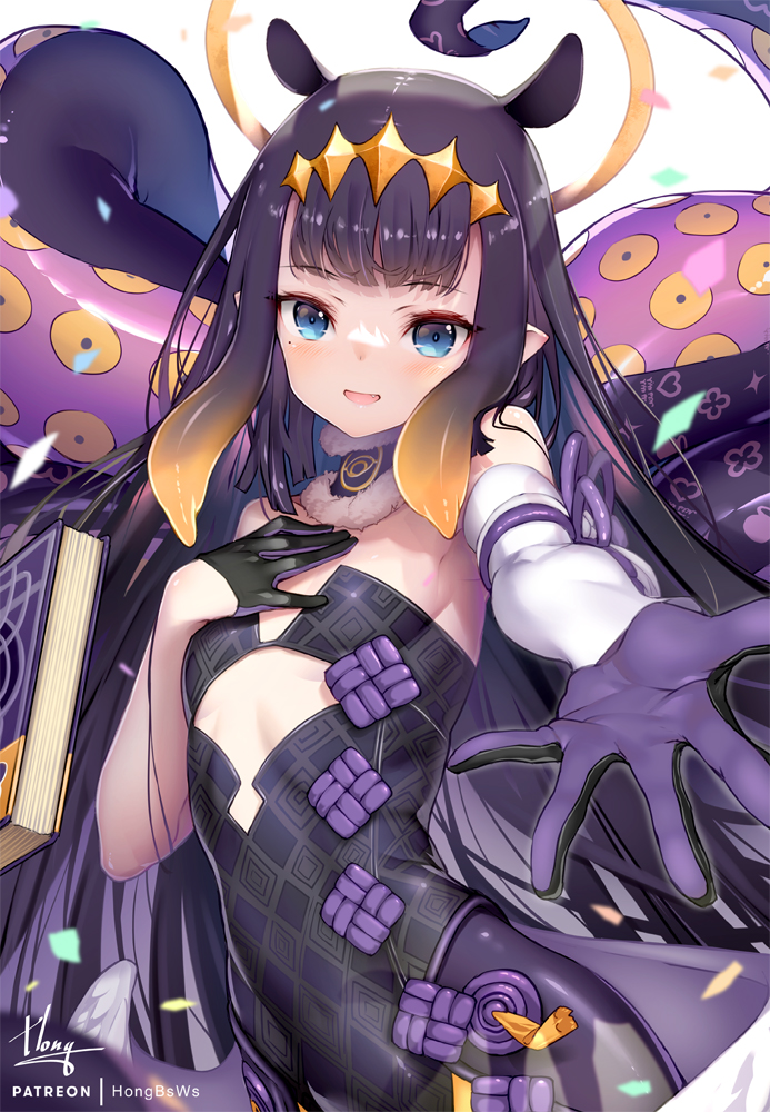 1girl ao-chan_(ninomae_ina'nis) artist_name bangs black_gloves black_hair blue_eyes blunt_bangs book english_text eyebrows_visible_through_hair fang floating floating_book floating_object gloves halo hololive hololive_english hong_(white_spider) looking_at_viewer ninomae_ina'nis open_mouth purple_gloves smile solo tentacles two-tone_gloves virtual_youtuber