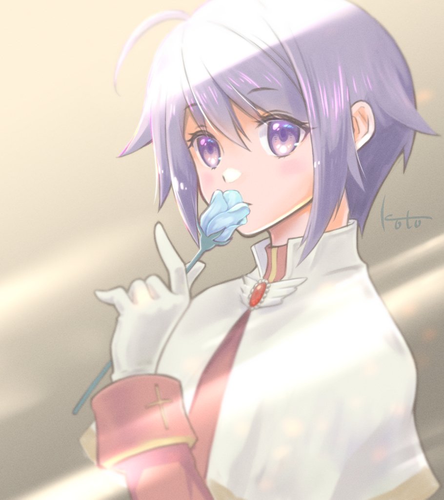 1girl acolyte_(ragnarok_online) bangs blue_flower brown_shirt capelet closed_mouth commentary eyebrows_visible_through_hair flower gloves hair_between_eyes holding holding_flower kotoharu long_sleeves looking_at_viewer purple_hair ragnarok_online ragnarok_origin shirt short_hair signature solo upper_body violet_eyes white_capelet white_gloves
