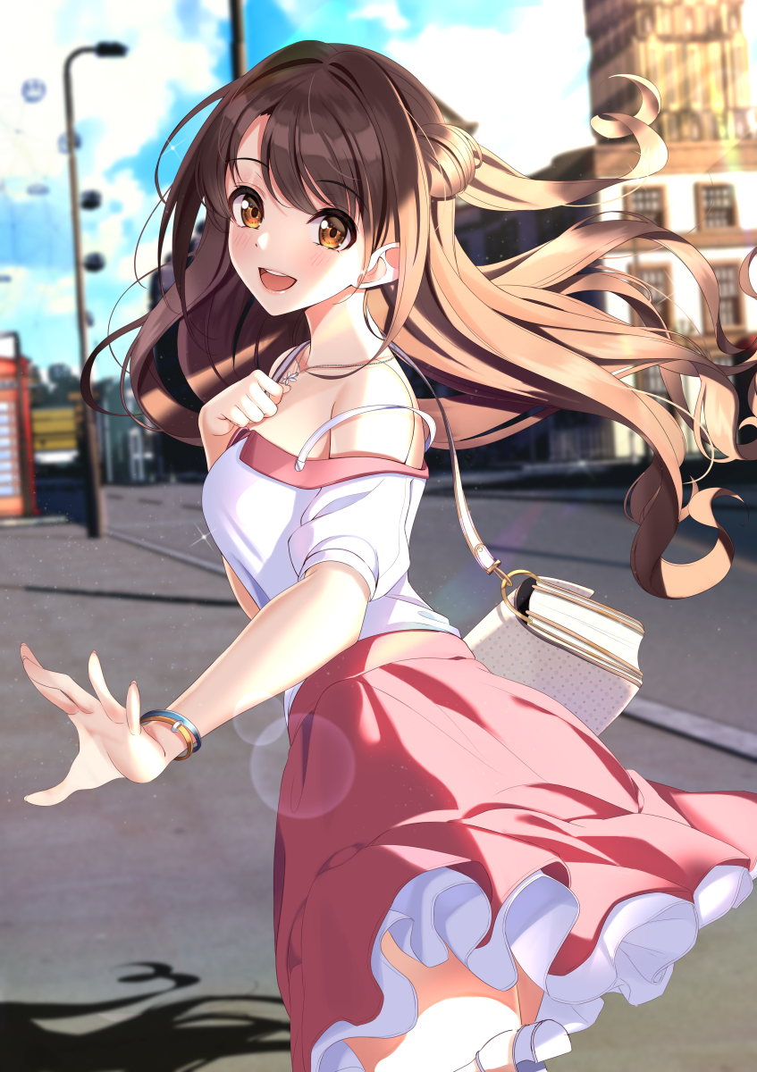 1girl :d bag bangle blush bracelet brown_eyes brown_hair building city eyebrows_visible_through_hair hand_on_own_chest highres idolmaster idolmaster_cinderella_girls jewelry lamppost long_hair looking_at_viewer necklace open_mouth outstretched_arm pink_skirt road shadow shimamura_uzuki shirt shoulder_bag skirt smile solo strap_slip sutoroa white_shirt