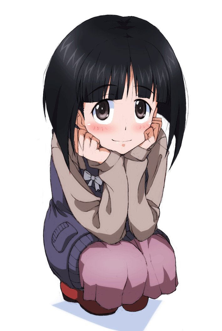 1girl bangs black_eyes black_hair blue_sweater blunt_bangs blunt_ends blush bob_cut brown_footwear casual closed_mouth commentary eyebrows_visible_through_hair full_body girls_und_panzer gotou_moyoko grey_shirt head_rest izawa_shiori kayabakoro long_skirt long_sleeves looking_at_viewer medium_hair purple_skirt seiyuu_connection shadow shirt shoes short_hair simple_background skirt smile solo squatting sweater sweater_vest white_background