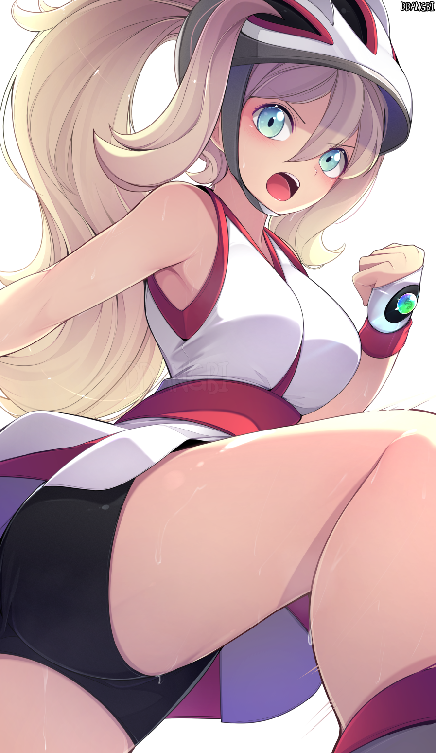 1girl bangs bicycle_helmet bike_shorts blonde_hair blush breasts commentary_request ddangbi dress fingerless_gloves gloves gym_leader hair_between_eyes helmet highres korrina_(pokemon) long_hair open_mouth pokemon pokemon_(game) pokemon_xy ponytail sleeveless sleeveless_dress solo sweat thighs tongue upper_teeth white_dress white_gloves