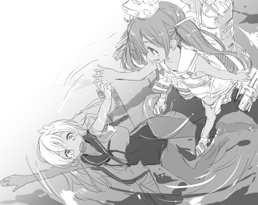 2girls bangs dress flower greyscale hair_flower hair_ornament hair_ribbon hat ifuji_shinsen kantai_collection libeccio_(kancolle) long_hair monochrome multiple_girls one-piece_swimsuit open_mouth ribbon rigging ro-500_(kancolle) sailor_collar sailor_dress sketch sleeveless sleeveless_dress striped striped_neckwear swimming swimsuit swimsuit_under_clothes twintails underwater