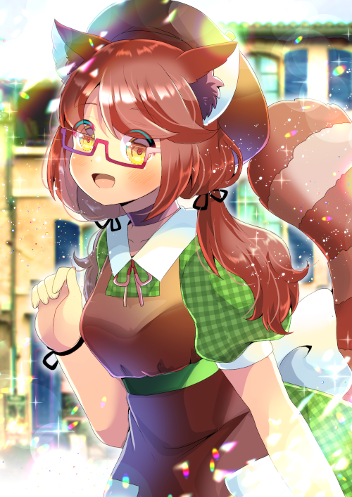 1girl :d animal_ear_fluff animal_ears apron bangs beret black_ribbon blurry blurry_background blush brown_apron brown_eyes brown_hair brown_headwear collared_dress depth_of_field dress eyebrows_visible_through_hair glasses green_dress hair_ribbon hand_up hat inaba_tomoko indie_virtual_youtuber kouu_hiyoyo long_hair looking_at_viewer low_twintails neck_ribbon open_mouth plaid plaid_dress puffy_short_sleeves puffy_sleeves raccoon_ears raccoon_girl raccoon_tail red-framed_eyewear red_ribbon ribbon semi-rimless_eyewear short_sleeves smile solo striped_tail tail tail_raised twintails under-rim_eyewear virtual_youtuber