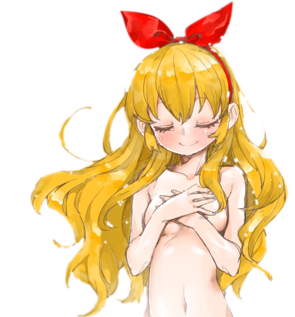 1girl aikatsu! aikatsu!_(series) akitsuki_itsuki blonde_hair blush bow breasts closed_eyes closed_mouth completely_nude covering covering_breasts crossed_arms facing_viewer floating_hair hairband hoshimiya_ichigo nude red_bow red_hairband simple_background small_breasts smile solo upper_body white_background