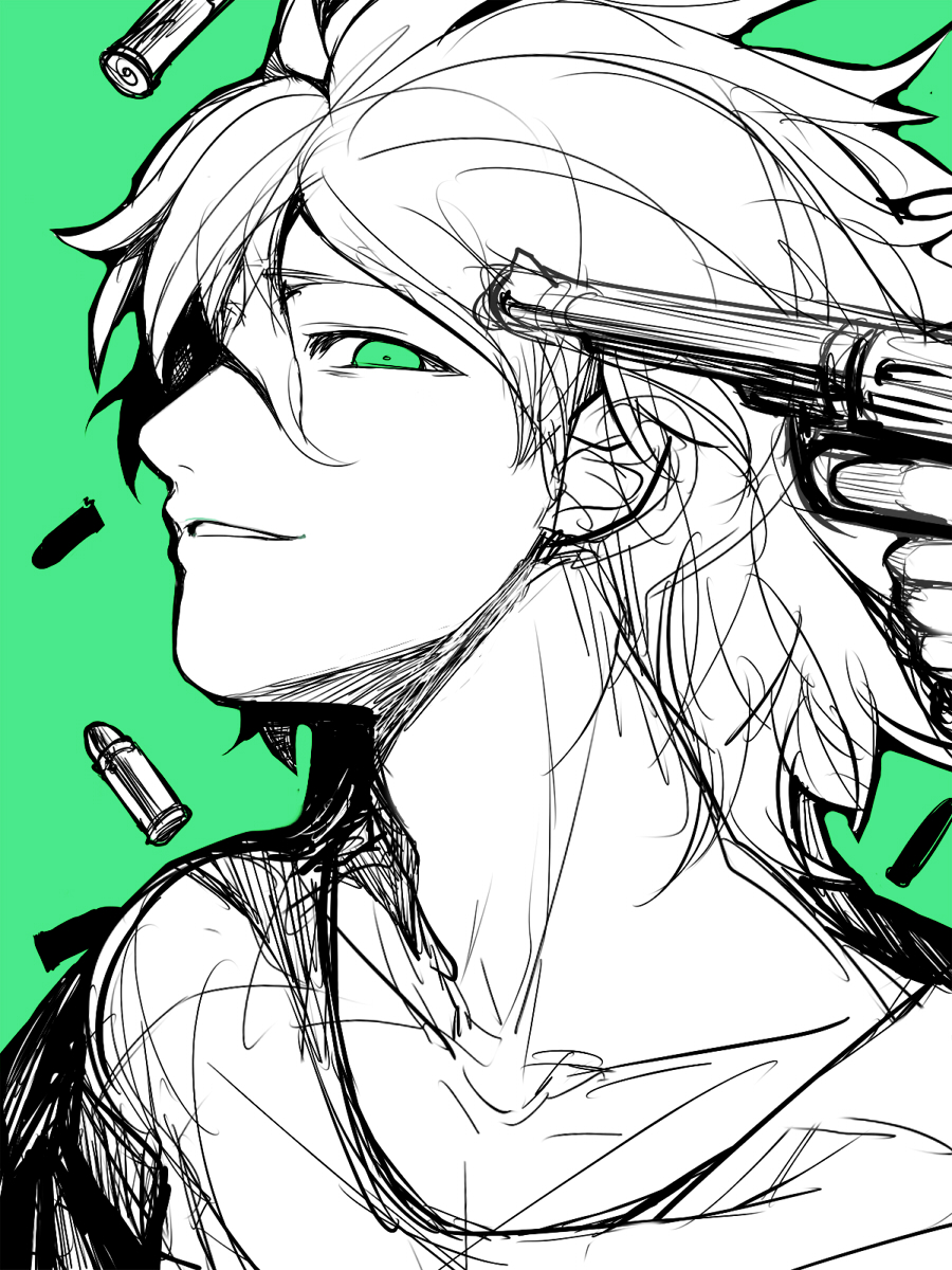 1boy alternate_eye_color bangs bullet collarbone commentary_request dangan_ronpa_(series) dangan_ronpa_2:_goodbye_despair green_background green_eyes gun hair_between_eyes highres hitoto holding holding_gun holding_weapon komaeda_nagito looking_at_viewer male_focus parted_lips profile shirt short_hair simple_background sketch smile solo spot_color teeth upper_body weapon