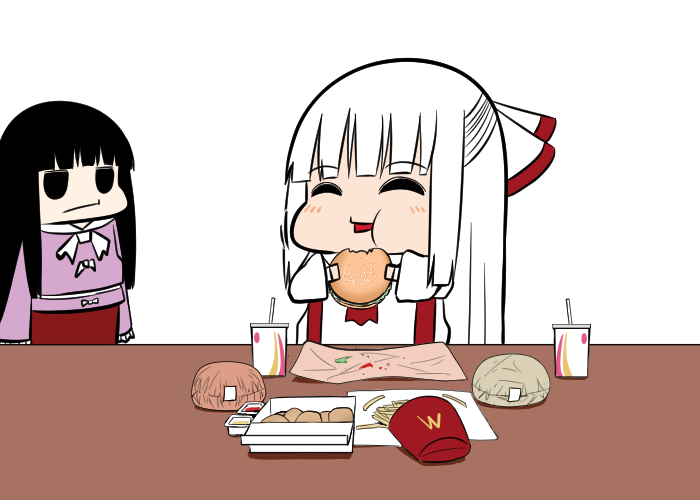 2girls black_eyes black_hair burger chicken_nuggets closed_mouth cup disposable_cup eating eyebrows_visible_through_hair food food_in_mouth french_fries fujiwara_no_mokou gingham_(amalgam) houraisan_kaguya long_hair long_sleeves multiple_girls open_mouth purple_shirt red_skirt ribbon shirt simple_background skirt touhou wcdonalds white_background white_hair white_shirt