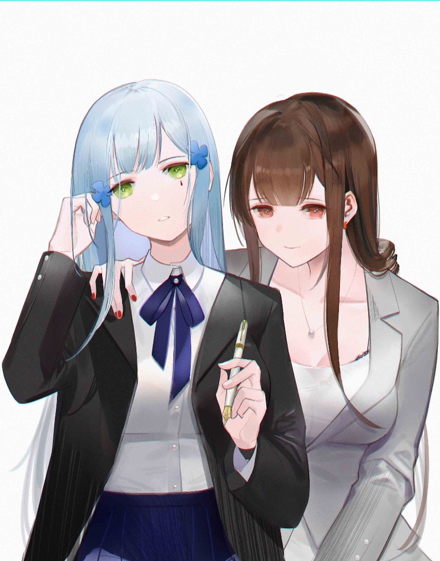 2girls bangs black_jacket blue_hair blue_ribbon blue_skirt breasts brown_hair chilli_646 closed_mouth commentary_request dsr-50_(girls_frontline) earrings eyebrows_visible_through_hair formal girls_frontline green_eyes grey_blazer grey_suit hand_in_hair hand_on_shoulder hk416_(girls_frontline) holding holding_pencil jacket jewelry long_hair looking_at_viewer medium_breasts multiple_girls nail_polish neck_ribbon necklace open_clothes open_jacket pencil red_eyes red_nails ribbon school_uniform shirt skirt smile suit v white_background white_shirt