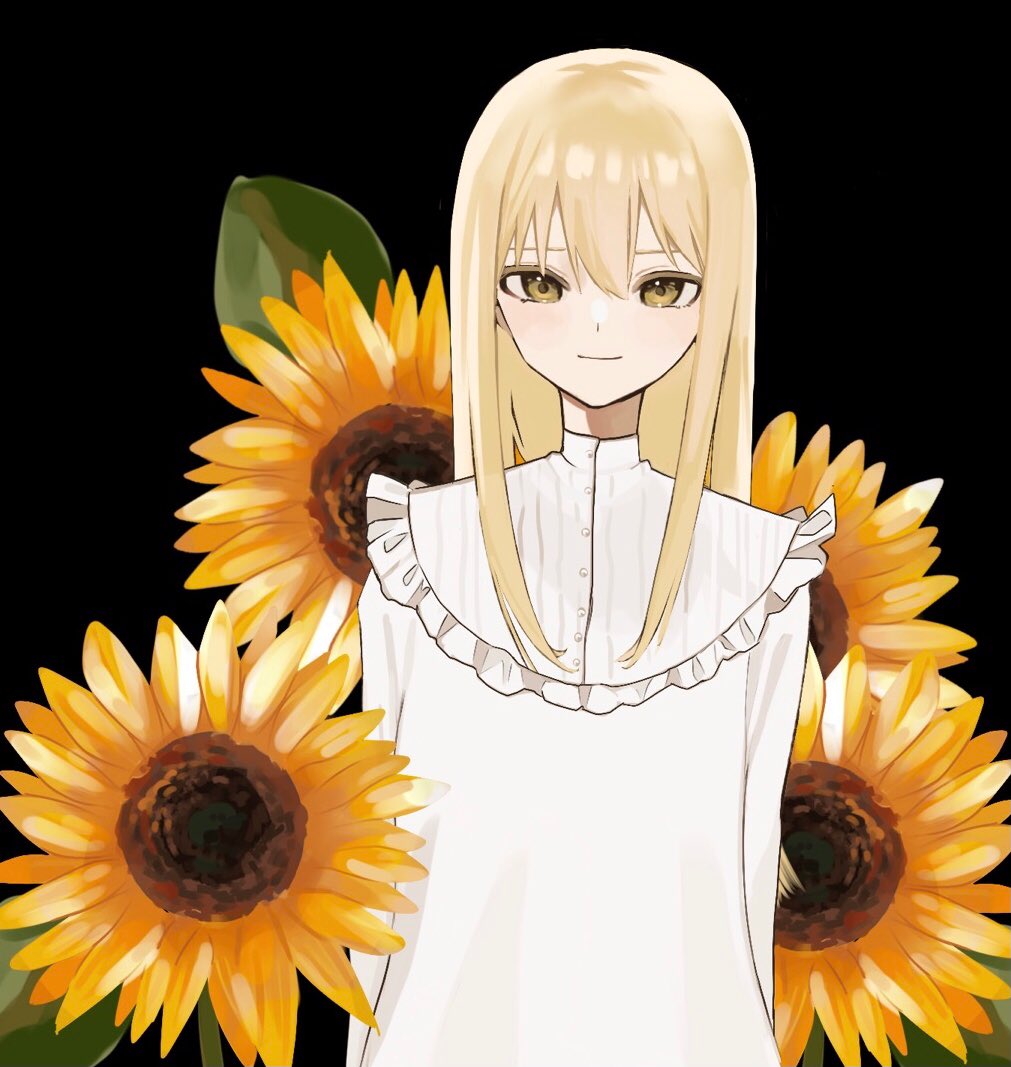 1girl arms_behind_back black_background blonde_hair closed_mouth commentary_request donguri_hello dress flower frills hair_between_eyes light_smile long_hair long_sleeves looking_at_viewer original simple_background solo straight-on sunflower upper_body white_dress yellow_eyes yellow_flower
