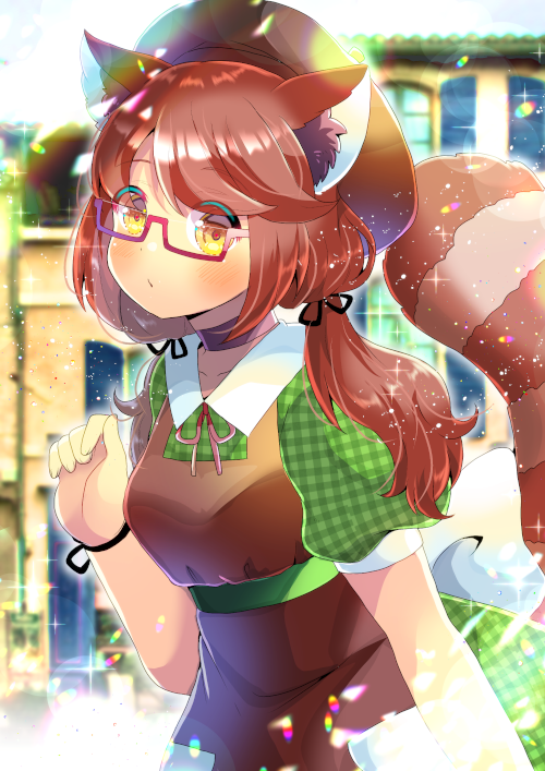 1girl animal_ear_fluff animal_ears apron bangs beret black_ribbon blurry blurry_background blush brown_apron brown_eyes brown_hair brown_headwear closed_mouth collared_dress commentary_request depth_of_field dress eyebrows_visible_through_hair glasses green_dress hair_ribbon hand_up hat inaba_tomoko indie_virtual_youtuber kouu_hiyoyo long_hair looking_at_viewer low_twintails neck_ribbon plaid plaid_dress puffy_short_sleeves puffy_sleeves raccoon_ears raccoon_girl raccoon_tail red-framed_eyewear red_ribbon ribbon semi-rimless_eyewear short_sleeves solo striped_tail tail tail_raised twintails under-rim_eyewear virtual_youtuber