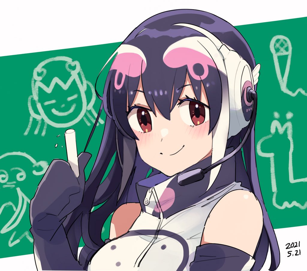 1girl african_penguin_(kemono_friends) bare_shoulders black_hair chalk chalkboard commentary_request elbow_gloves eyebrows_visible_through_hair gloves headphones high_collar highlights kemono_friends kemono_friends_v_project long_hair microphone multicolored_hair negishio_mgr official_alternate_costume pink_hair red_eyes sleeveless solo virtual_youtuber white_hair