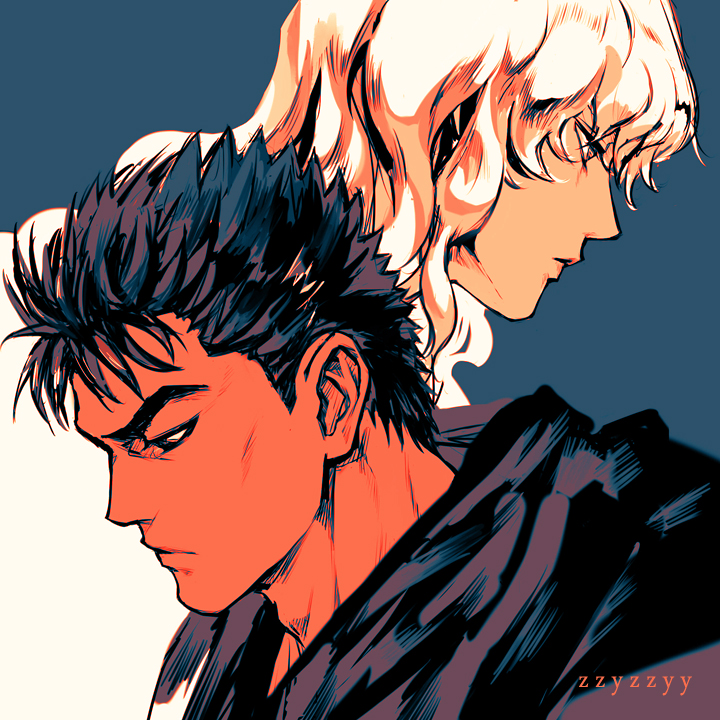 2boys artist_name bangs berserk black_eyes black_hair blonde_hair blue_background closed_mouth commentary from_side griffith_(berserk) guts_(berserk) long_hair looking_down male_focus multiple_boys portrait profile scar scar_on_face short_hair spiky_hair thick_eyebrows two-tone_background wavy_hair white_background zzyzzyy