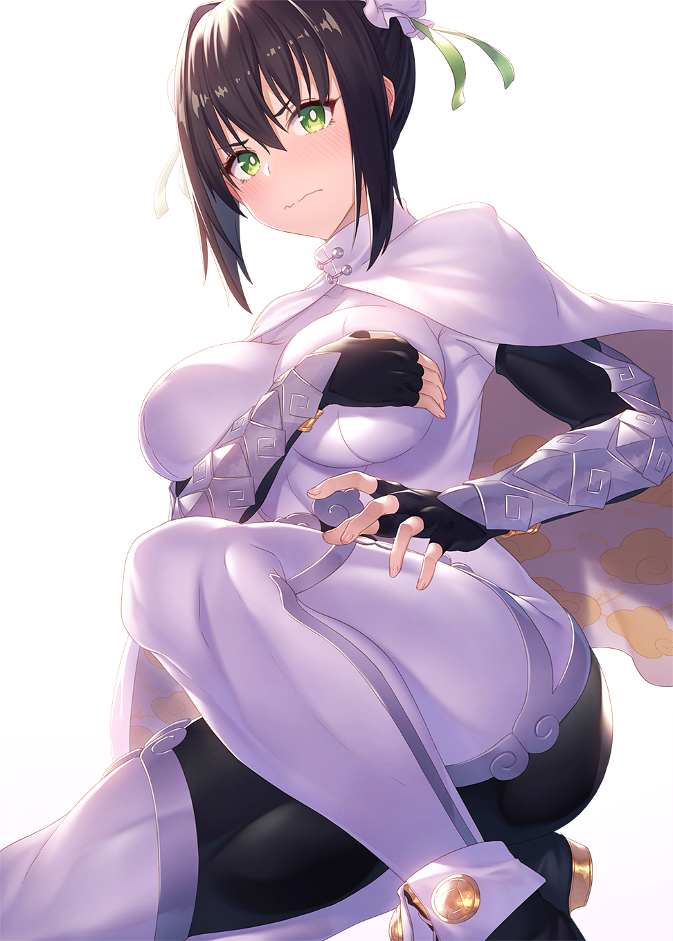 1girl arm_guards bangs black_bodysuit black_gloves black_hair bodysuit breasts bun_cover capelet closed_mouth double_bun elbow_gloves fate/grand_order fate_(series) fingerless_gloves gloves green_eyes green_ribbon hair_ribbon highres ibuki_notsu jewelry kneeling large_breasts looking_at_viewer neck_ring qin_liangyu_(fate) ribbon sidelocks thighs white_bodysuit white_capelet