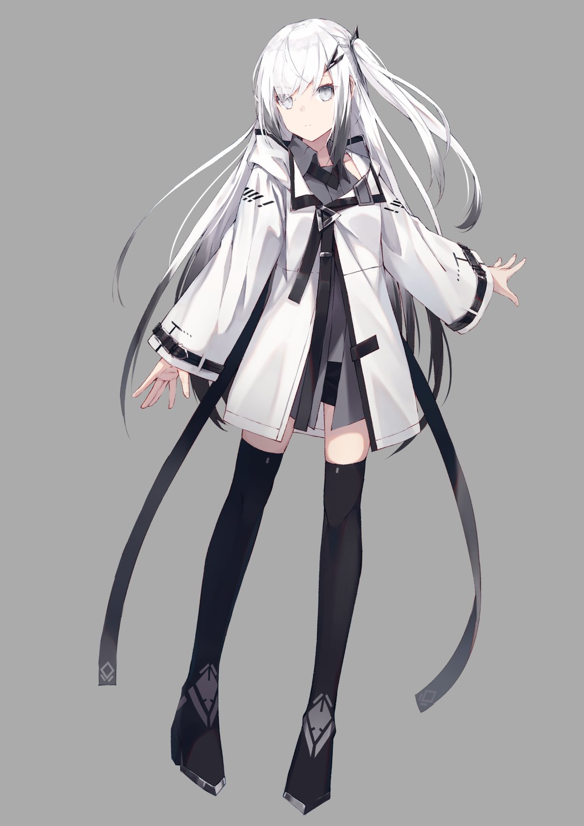 1girl black_legwear black_shorts closed_mouth coat copyright_request grey_background grey_eyes hair_ornament hairclip highres hood hood_down hooded_coat long_hair long_sleeves looking_at_viewer micro_shorts nagishiro_mito one_side_up shorts simple_background solo thigh-highs white_coat white_hair